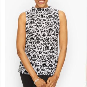 Talbots black & white floral dot print button detail funnel neck top size medium